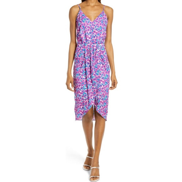 # Chelsea28 Fuchsia & Blue Floral Sleeveless Faux Wrap Dress - Picture 1 of 13